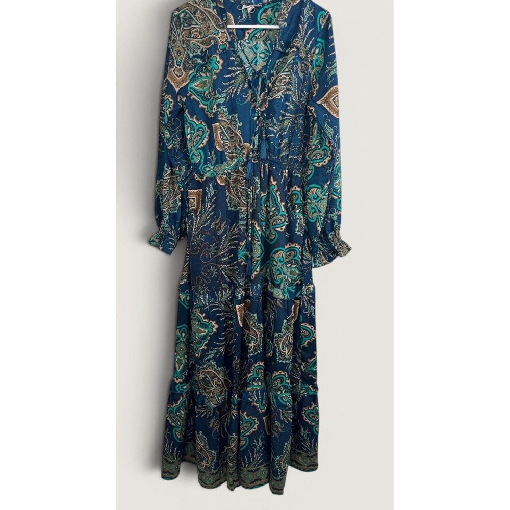 Boemo Boho Paisley Tiered Ruffle Maxi Dress M Navy Teal Long Sleeve Pockets